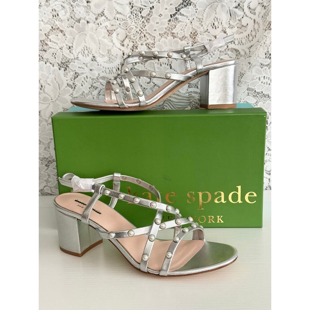 Kate Spade Wynne Silver Pearl Stud Block Heel Sandals NIB Defaced 10
